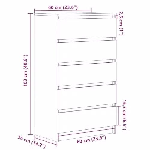 vidaXL Modern Drawer Cabinet in Concrete Grey, MDF, W: 60 cm, D: 36 cm, H: 103 cm – 3