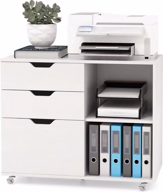 Costway White 3-Drawer Printer Stand Cabinet with Castors