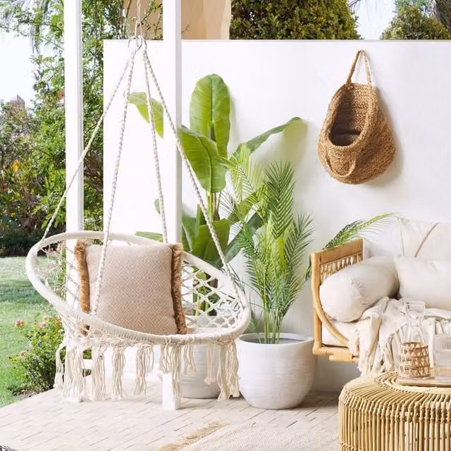 Wyld and Coco White Macrame Hanging Chair with Cotton Seat