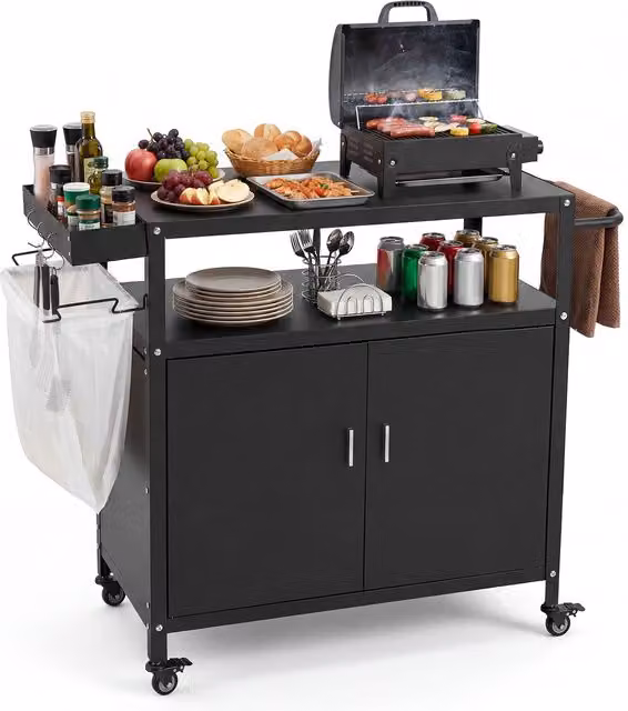 COSTWAY Black Metal Rolling Outdoor Grill Cart