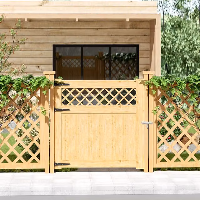 Livingandhome Rhombus Wood Garden Fence Gate in Natural Brown, W: 120 cm, H: 120 cm
