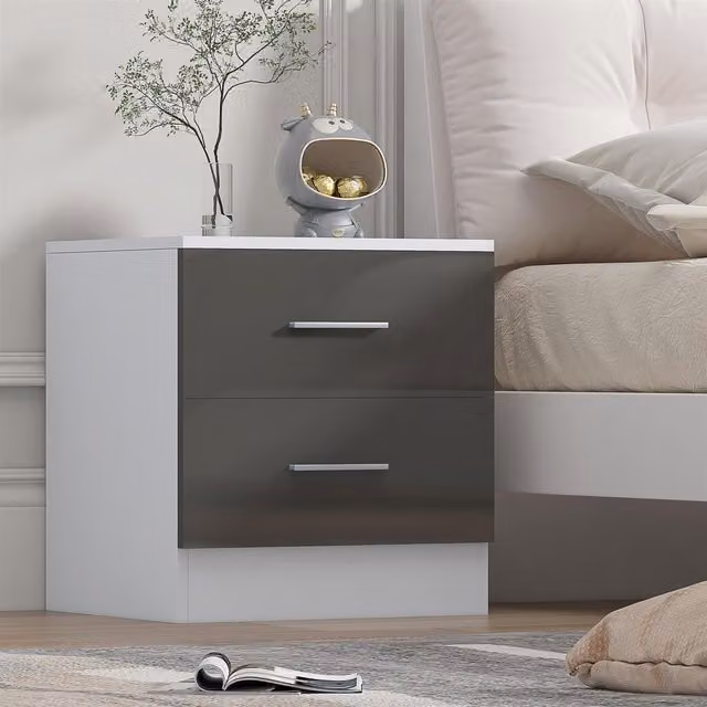 Reflect 2 Drawer Bedside Table in Grey Gloss and Matt White, H 48.5 x W 45 x D 39.5 cm – 1