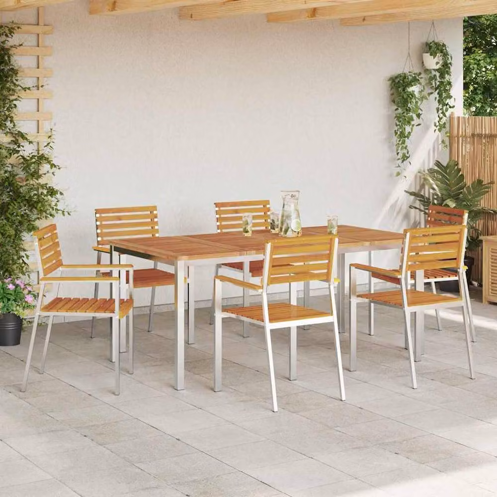 Berkfield Home 7 Piece Garden Dining Set in Brown Solid Acacia Wood and Stainless Steel – 3