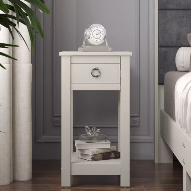 Galano Laurel Light Grey Nightstand with Storage Drawer, W/D/H: 35.0 x 32.0 x 59.5 cm