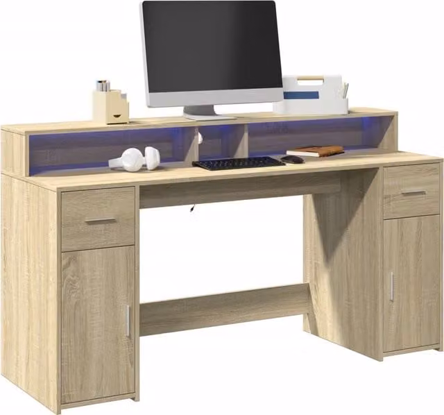 Berkfield Home Gaming Desk with LED Lights in Sonoma Oak Brown, W/D/H: 160 x 55 x 91 cm – 1