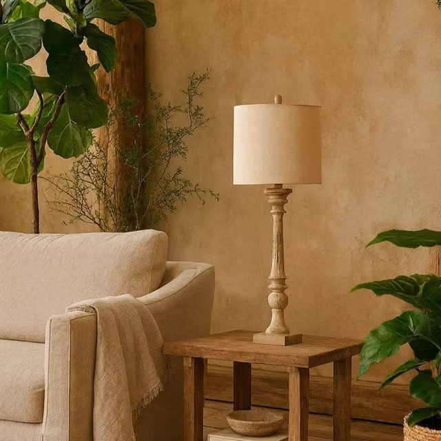 Wyld Haus Thornvale Wooden Table Lamp with Beige Linen Shade in Brown – 1