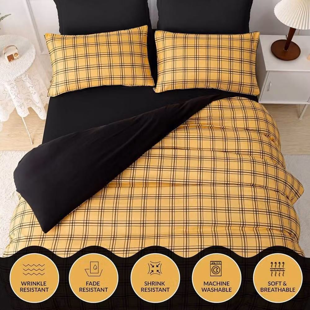 Pamposh Premium Checkered Microfibre Duvet Cover Set in Yellow, Reversible and Breathable, W: 180 cm x H: 200 cm – 2