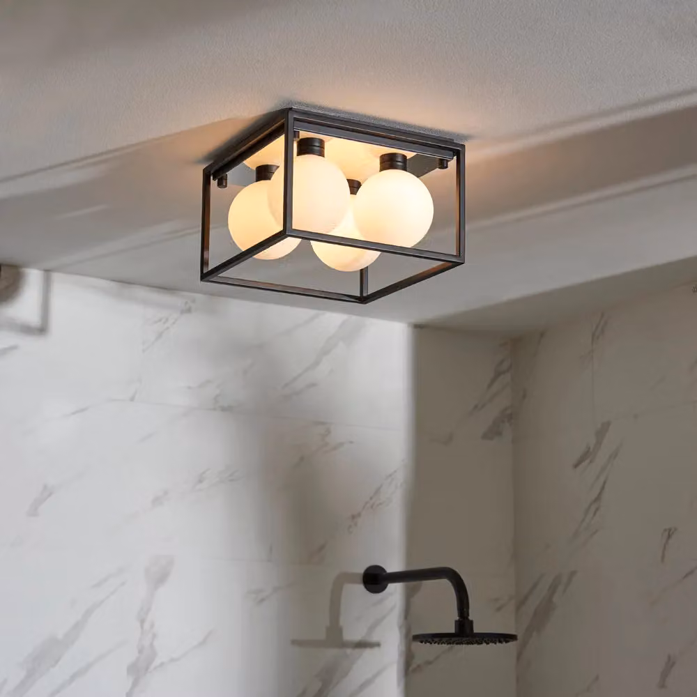 Loops Matt Black Square Framed Semi Flush Bathroom Ceiling Light with Sphere Glass Shades – 3