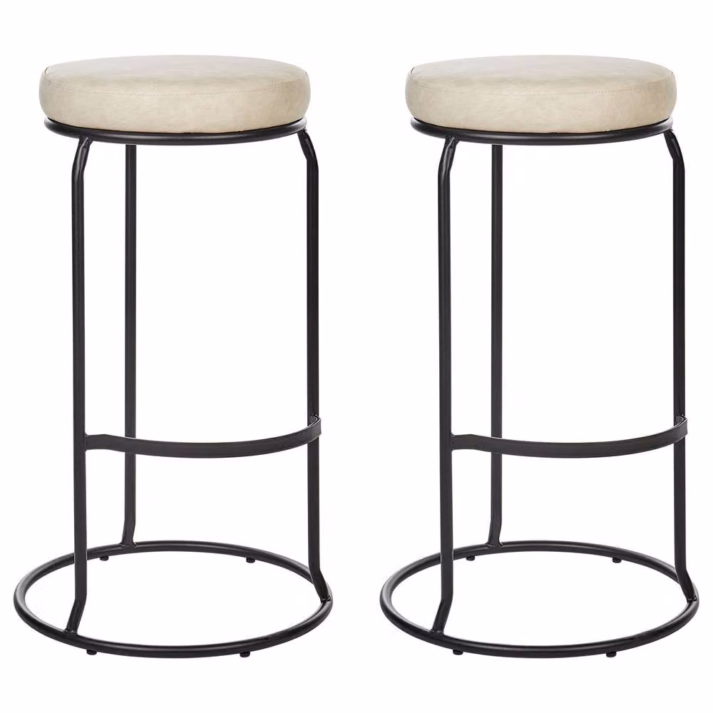 Wyld and Coco Set of 2 Beige Faux Leather Bar Stools with Black Metal Legs – 2