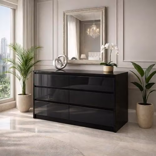Harmin High Gloss Handleless 6 Drawer Chest of Drawers in Black, W/D/H: 120 x 40 x 75 cm – 1