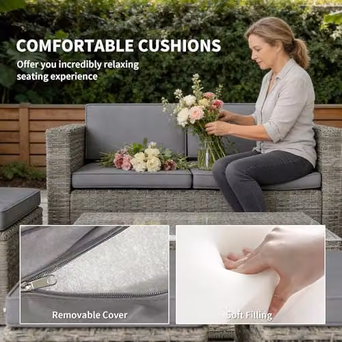 Outsunny 6 Piece Rattan Garden Furniture Set in Grey with Upholstered Cushions – 6