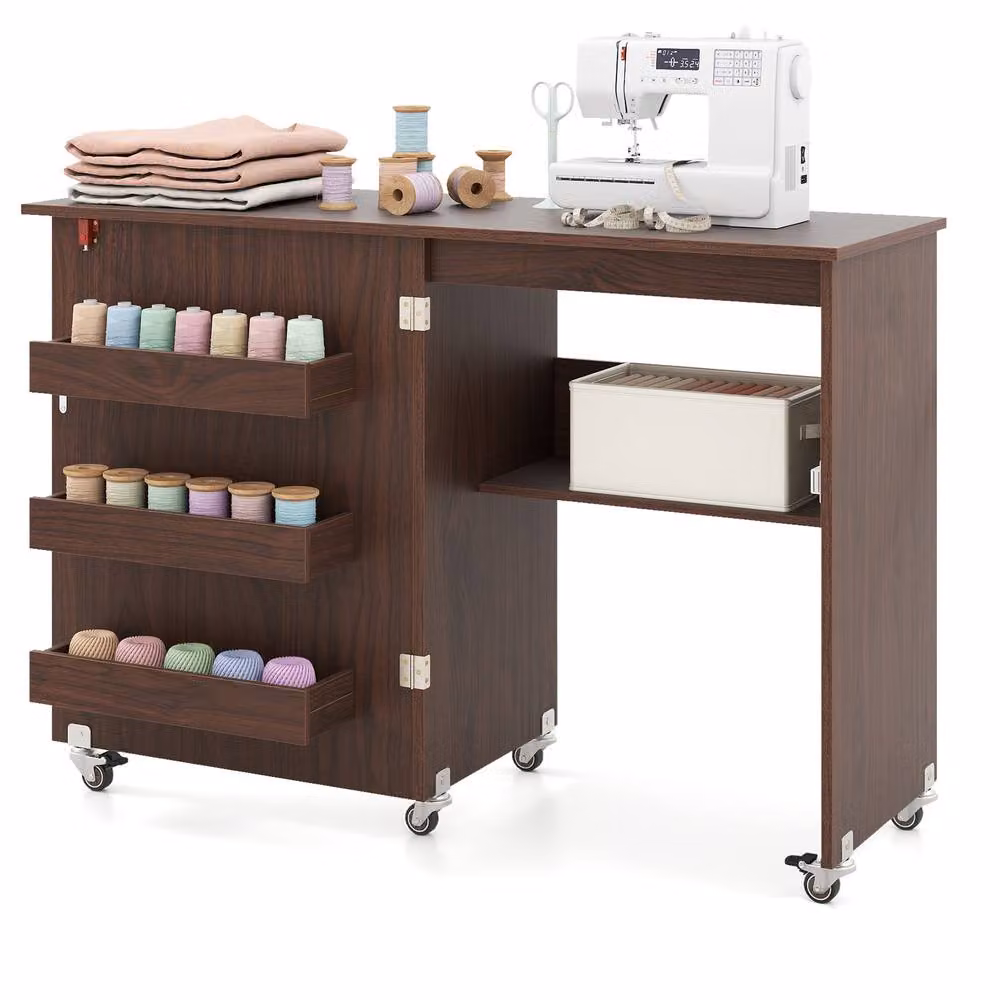 Gymax Folding Rolling Sewing Machine Desk and Craft Station with Storage Shelf in Brown – 8