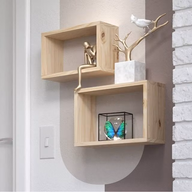 Core Products Ltd Set of Two Unfinished Natural Pine Wall Mounted Cubes with Back Panel