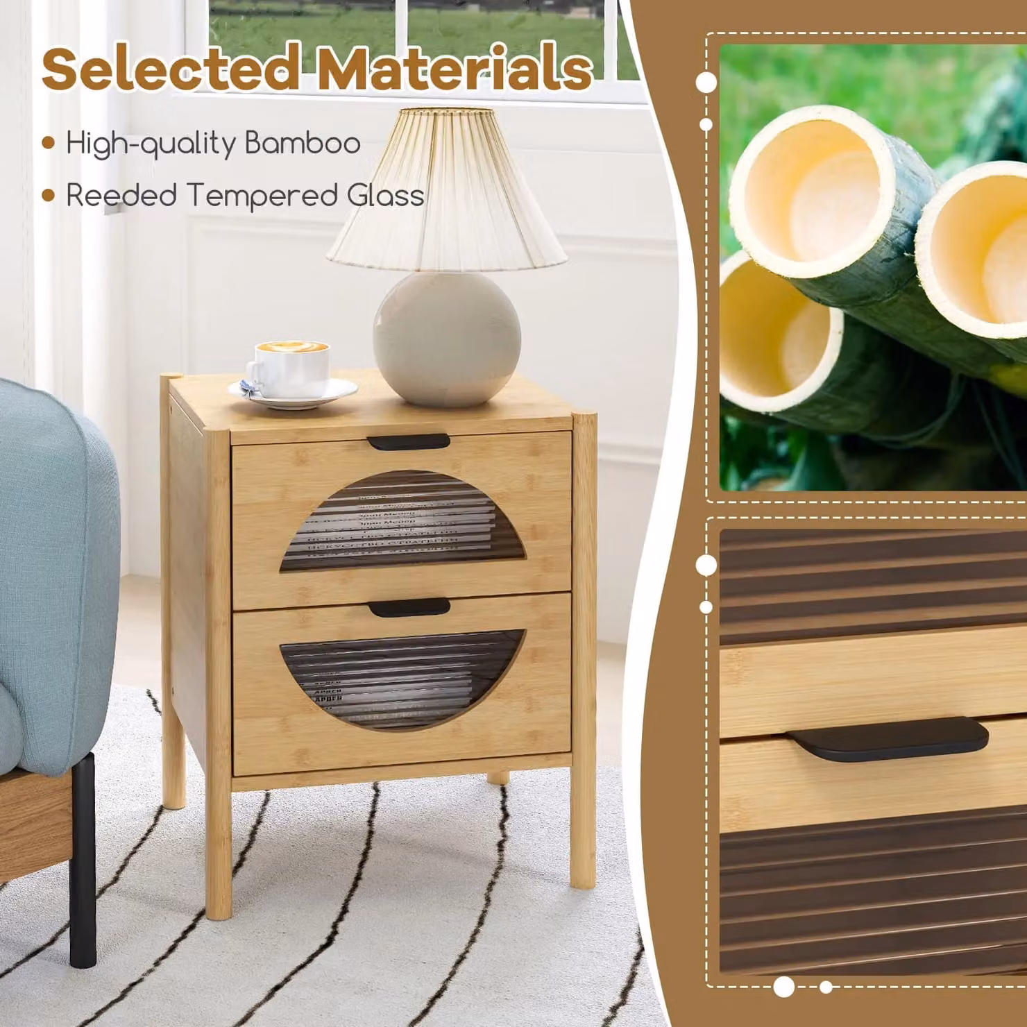 Gymax Mid-century Bedside Table with 2 Glass Front Drawers in Natural Brown – 5