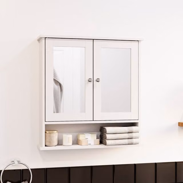 Priano White 2 Door Mirrored Wall Mounted Bathroom Cabinet with Internal Shelves