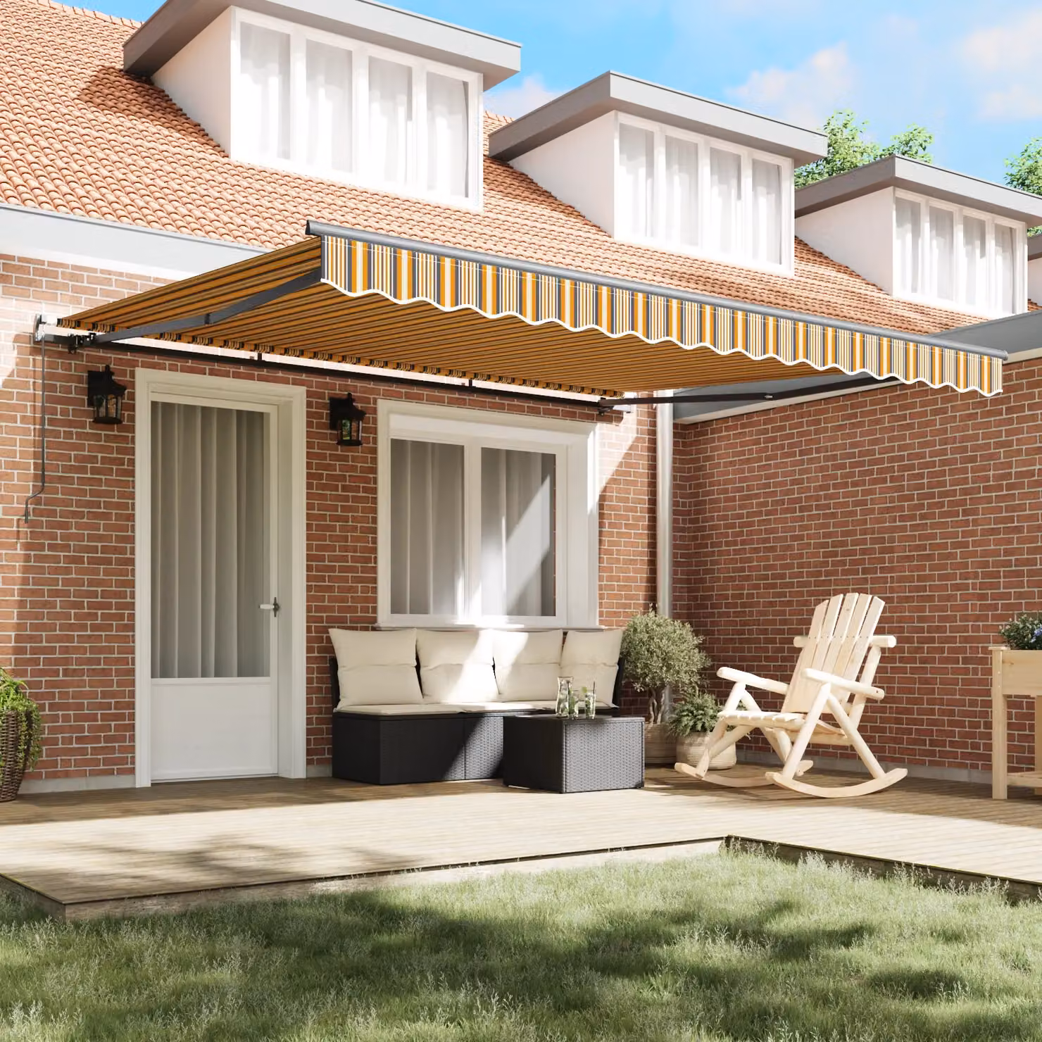 Berkfield Home Manual Retractable Folding Arm Awning in Yellow Multicolour Stripe, W: 400 cm, D: 300 cm – 3