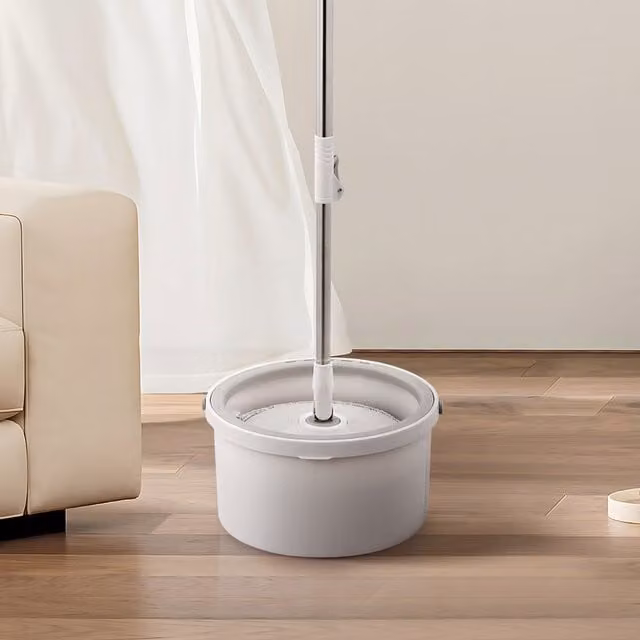 Komore Hands-free Rotating Mop and Bucket Set with Wringer and Microfibre Mop in Grey and White