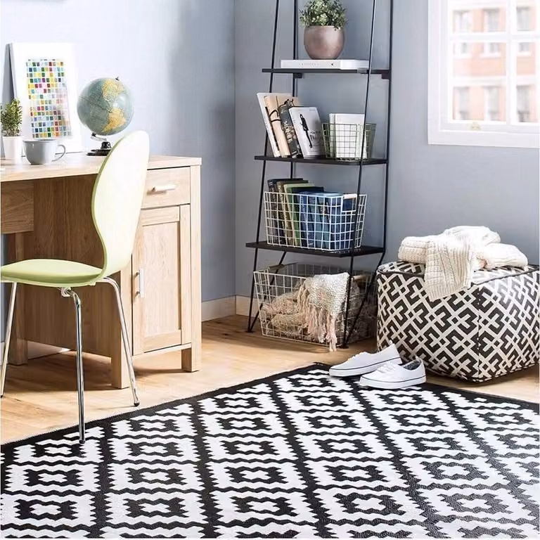 PAWNORA Black Semicircular Outdoor Patio Rug with Geometric Design, W/D: 67 x 127 cm
