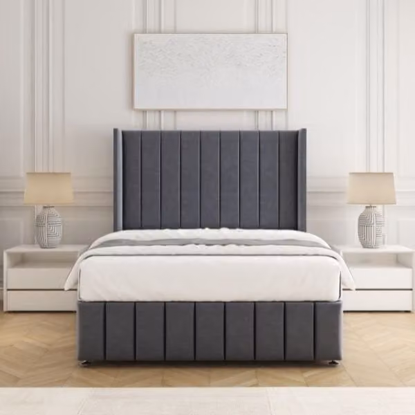 BSSPOKE Zoe Plush Velvet Divan Bed Set with 54 inch Headboard and Mattress in Grey, W/D/H: 180 x 200 cm
