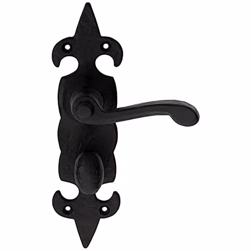Loops Pair Forged Scroll Lever Bathroom Door Handles on Backplate, Black Antique, W: 20.6 cm, H: 5.7 cm