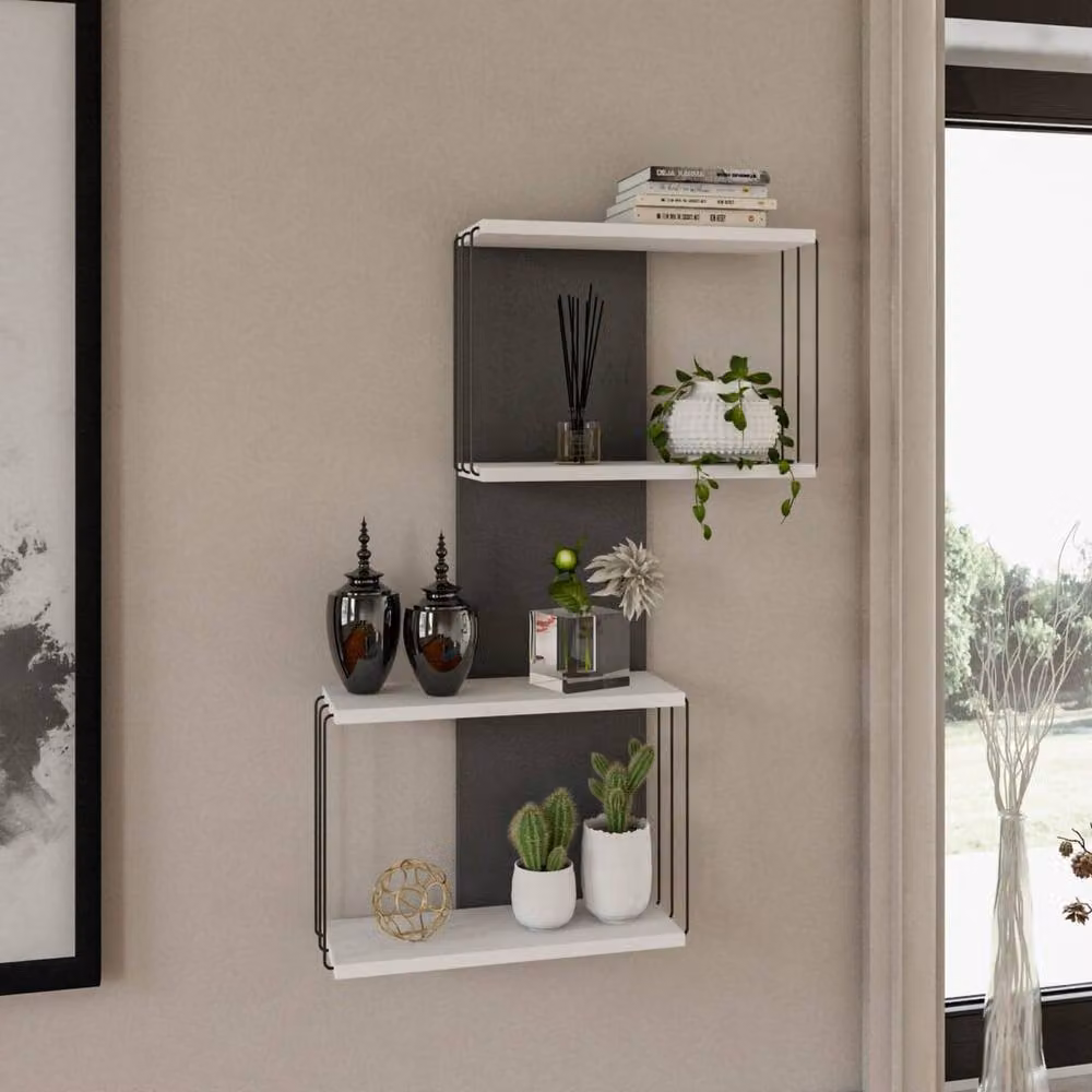 CALICOSY Wall Mounted Metal Shelf with 2 Niches in White, H: 96 cm, W: 48 cm, D: 19 cm – 2