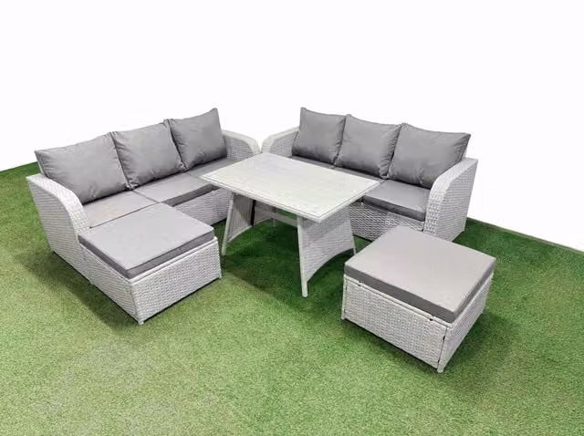 Fimous Rattan High Back Lounge Sofa Set in Light Grey with 3 Seater Sofa and 2 Ottomans