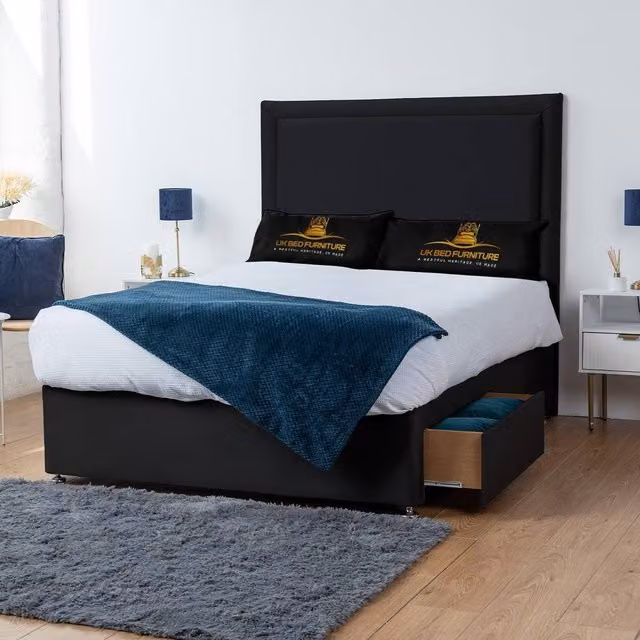 UK Bed Furniture Ascot Double Divan Bed with 4 Drawers and 26 Inch Headboard in Black, W/D/H: 140 x 200 cm