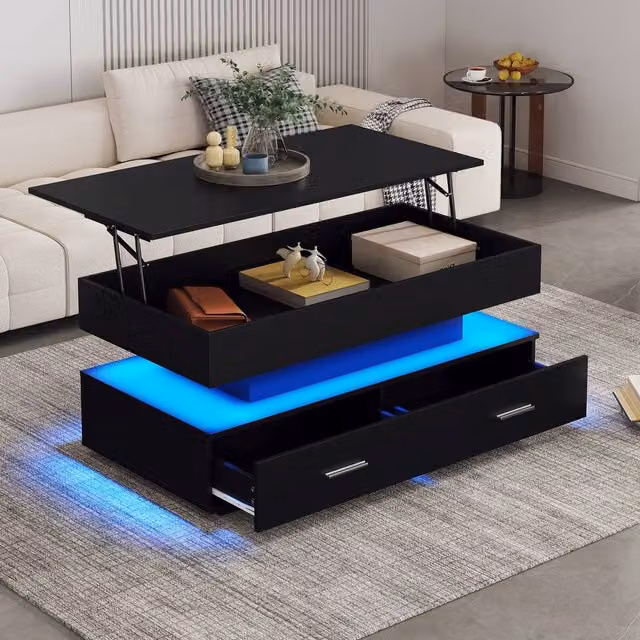 ModernLuxe Black Hydraulic Lift Top Coffee Table with LED Light and 2 Drawers