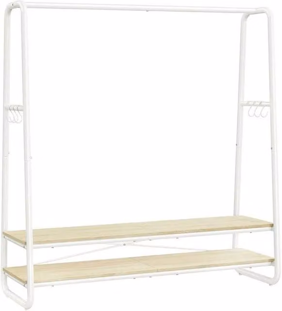 VOGREX White and Beige Open Wardrobe with Clothes Rail, 2 Shelves and Side Hooks, W: 138 cm, D: 45 cm, H: 160 cm – 1
