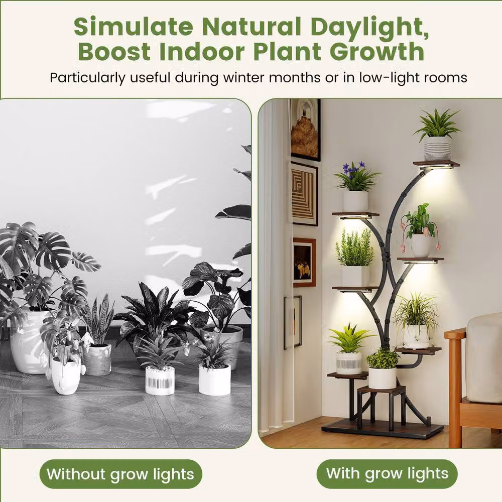 Gymax Metal Indoor Plant Stand with Grow Lights and Timer in Walnut and Black, Height: 146 cm – 2