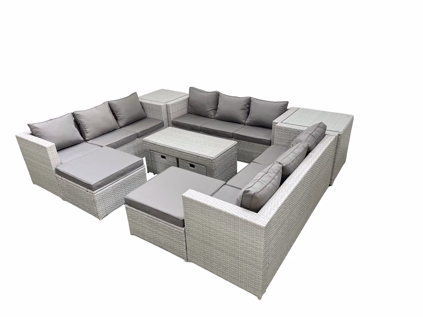 Fimous 13 Seater Outdoor Rattan Garden Furniture Set in Light Grey with Grey Cushions, Coffee Table and 2 Side Tables – 2