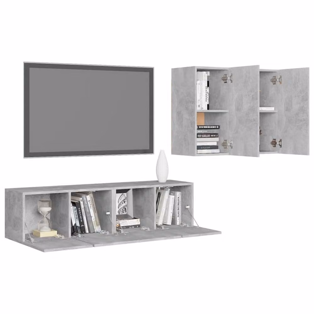 Berkfield Home 4 Piece Modern Grey Engineered Wood TV Cabinet Set with Lowboard and Hinged Doors – 2