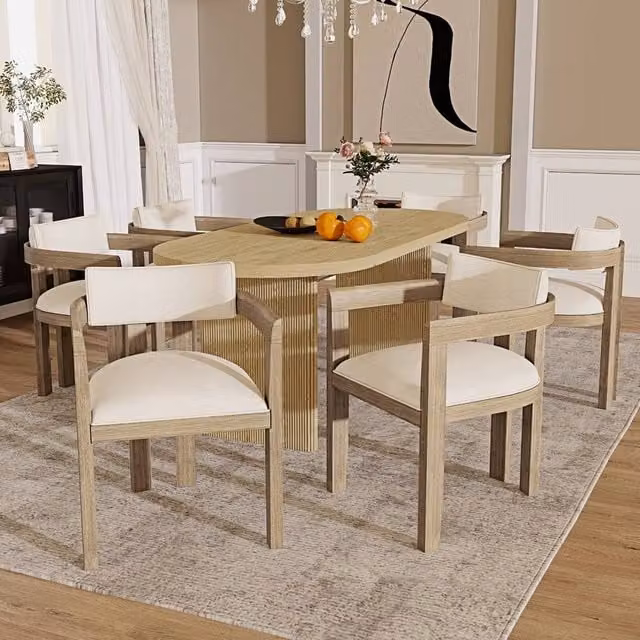Rolipo Set of 6 Scandinavian Oak Dining Chairs with Beige Linen Fabric Upholstery in Natural – 1