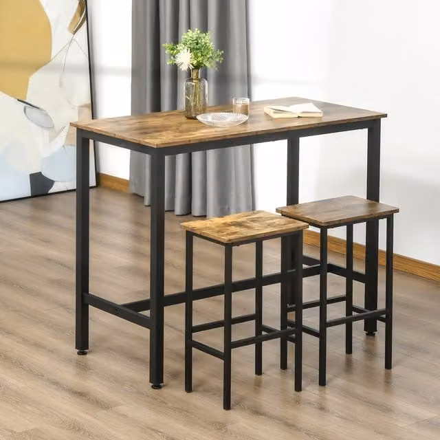 HOMCOM Industrial Bar Table Set with 2 Stools, Brown Rectangular Breakfast Table for Kitchen and Dining Room