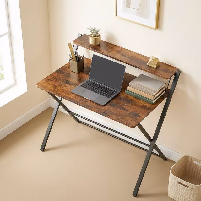 HOMCOM Folding Study Desk with 2-Tier Shelf in Rustic Brown
