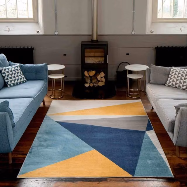 The Rug House Blue Ochre Bold Geometric Living Area Rug, Multicolour, W: 290 cm, D: 200 cm