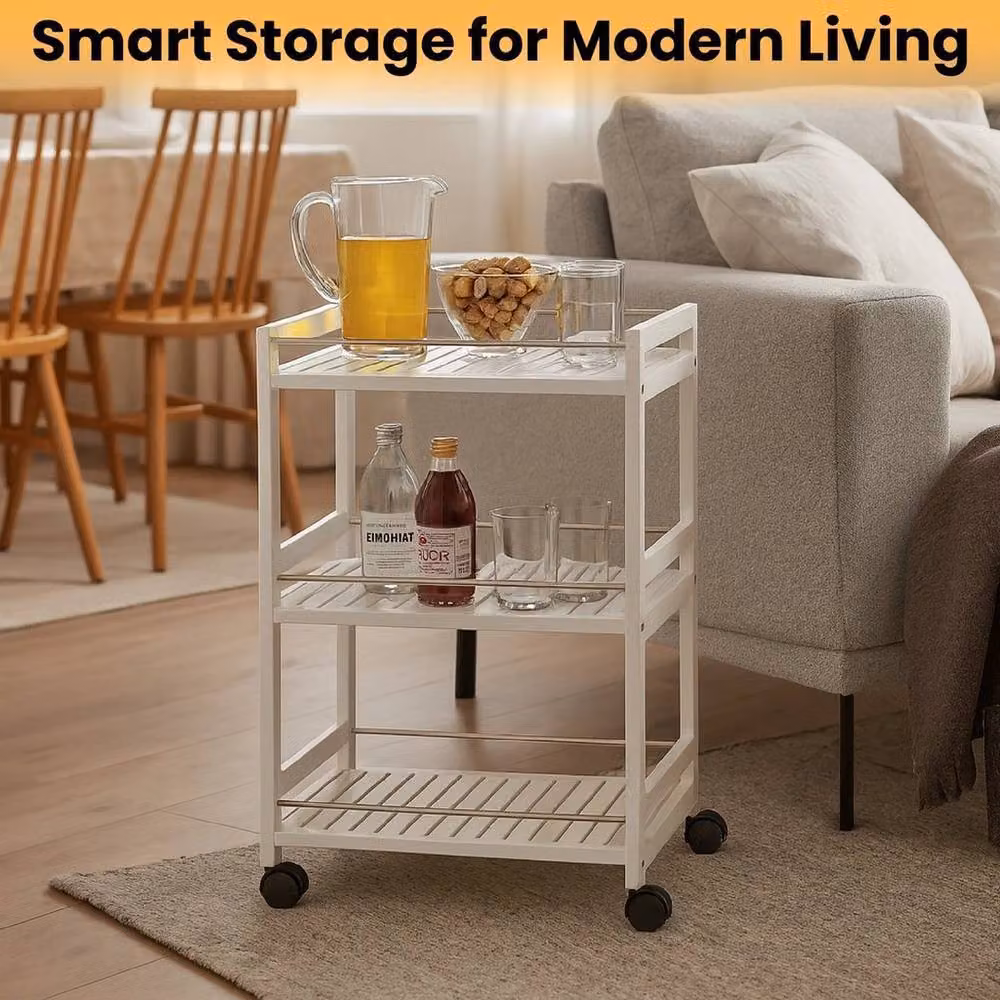 PAWNORA 3 Tier Wooden Kitchen Serving Trolley with Steel Bars and Castors in White – 3