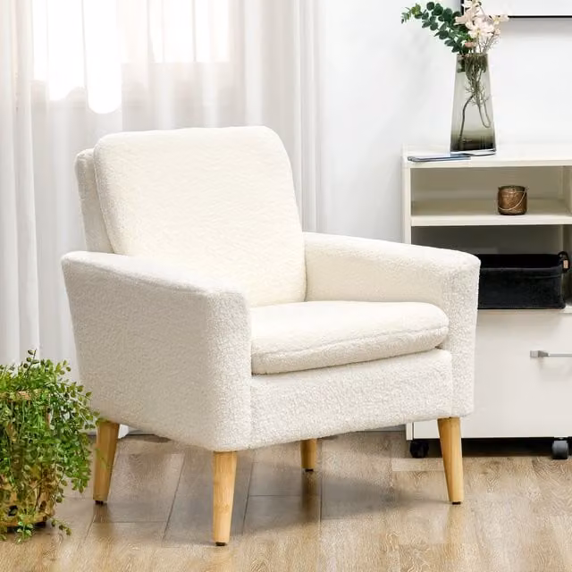 HOMCOM Modern Tub Armchair in Cream Bouclé Fabric with Solid Rubberwood Legs