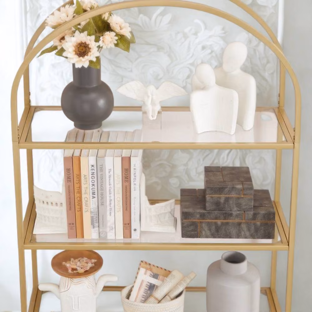 Pirlo Plush 5 Tier Tempered Glass and Metal Storage Shelves Unit in Gold, W/D/H: 81 x 30 x 183 cm – 2