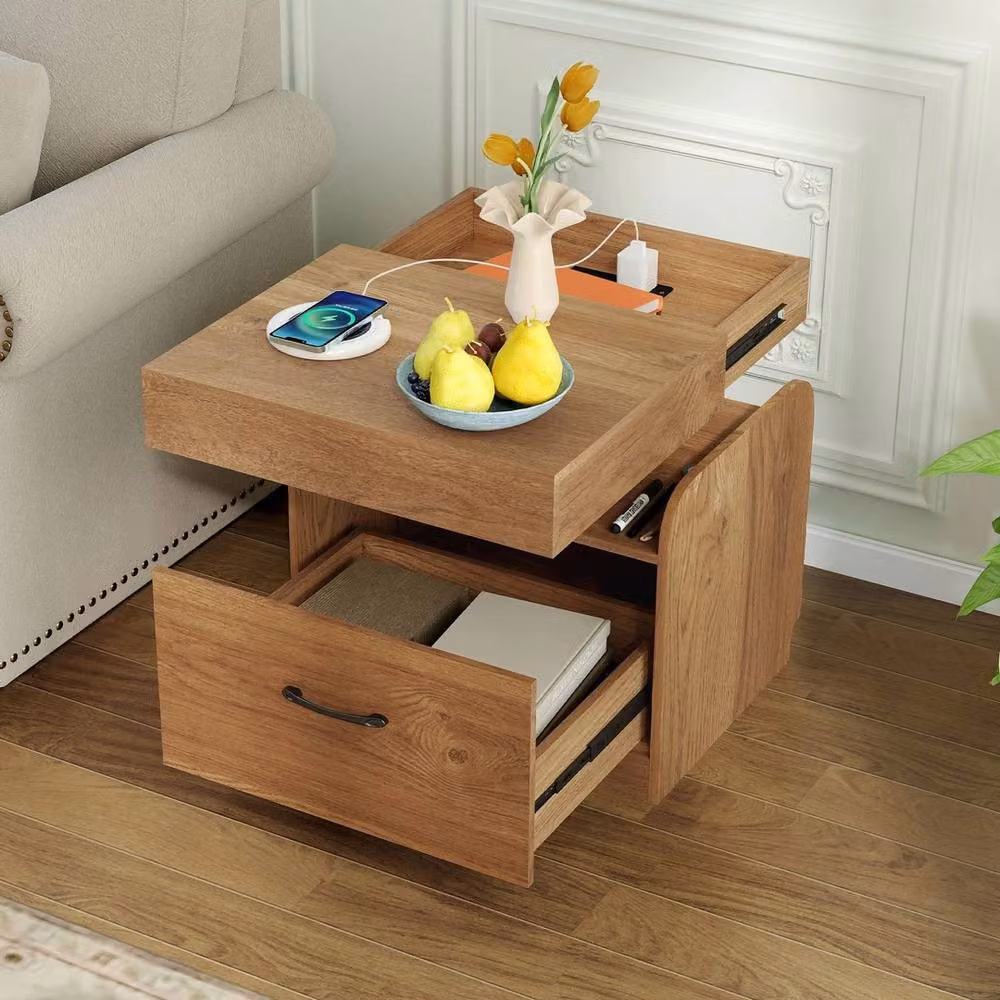 FORGEVIO Modern Living Room and Bedroom Side Table Nightstand with Charging Station in Natural Sand Brown Wood Finish – 3