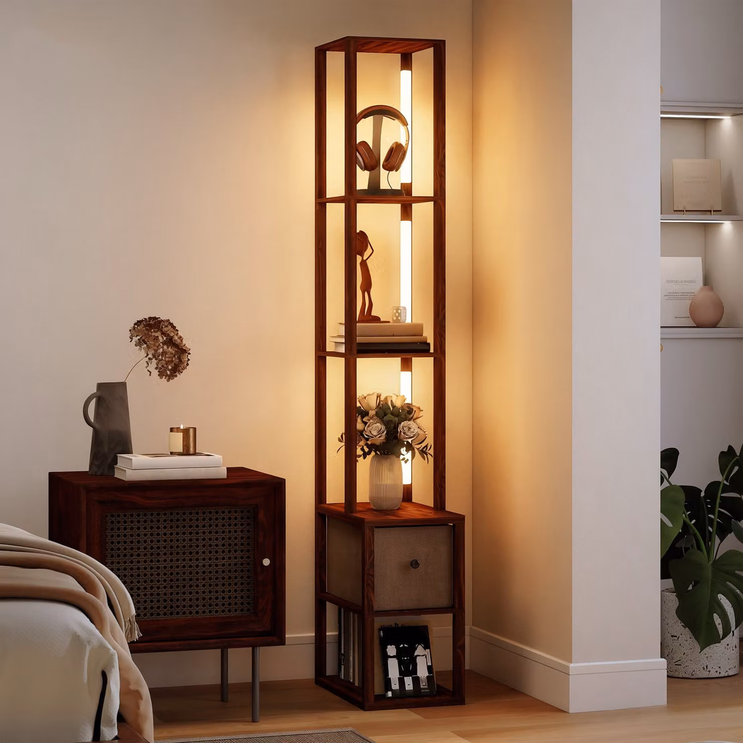 HOMCOM Modern LED Floor Lamp with Shelves and Fabric Drawer, Dimmable Warm White Column Standing Lamp in Dark Brown, H 169 x W 26.5 x D 26.5 cm – 2