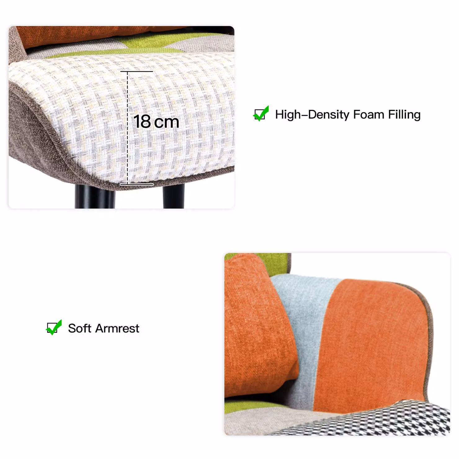 HomeMiYN Mid-Century Patchwork Fabric Single-Seater Sofa with Ottoman in Orange and Brown – 3