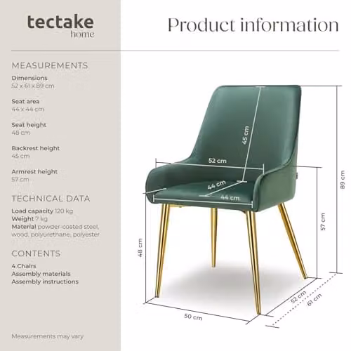 tectake Set of 4 Avane Dining Chairs in Green Velvet with Gold Metal Legs – 3