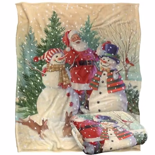 JQ Licensing Santa and Snowmen Christmas Friends Silky Touch Super Soft Fleece Throw Blanket, White, W/D/H: 152 x 127 cm