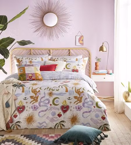 Furn Alchemy Reversible Polycotton Duvet Cover Set with Abstract Symbol and Floral Print, Multicolour, 90 x 200 cm