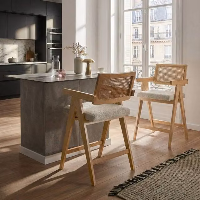 Wyld and Coco Set of 2 Retro Bar Chairs in Beige Boucle and Brown Rubberwood – 1