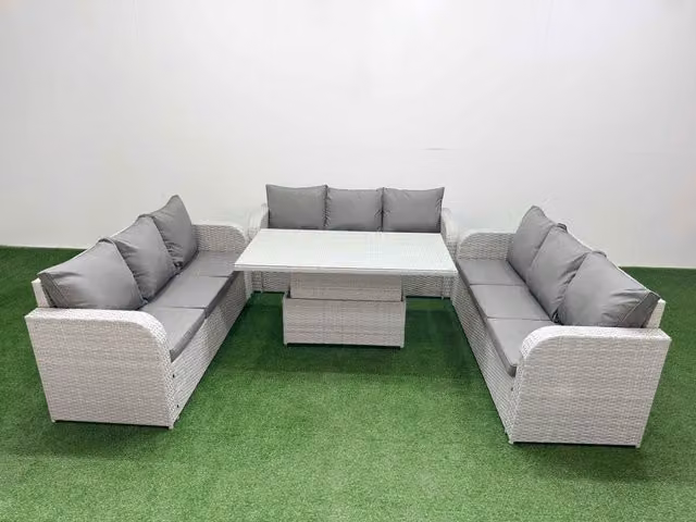 Fimous 9 Seater PE Rattan Outdoor Garden Furniture Set in Light Grey with Adjustable Lifting Dining or Coffee Table