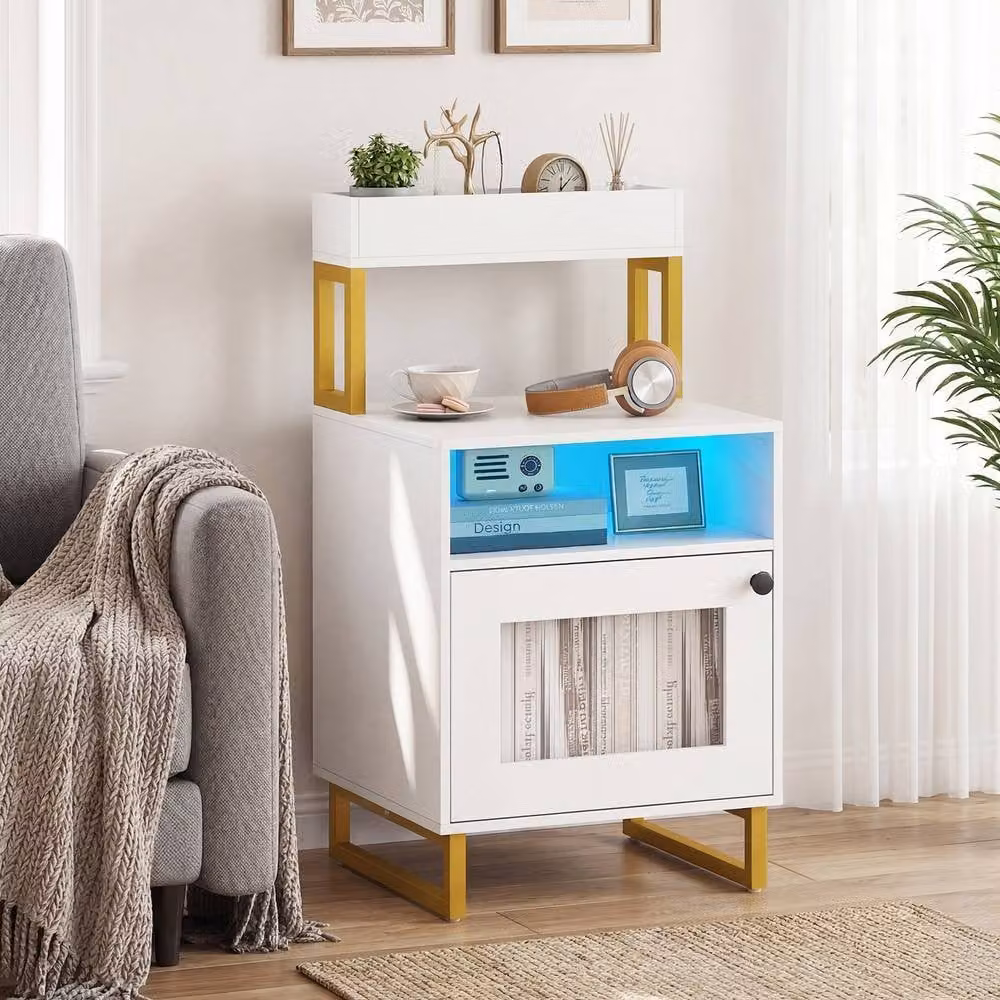 Costway Modern White Nightstand with Integrated Lighting and Top Tray – 2