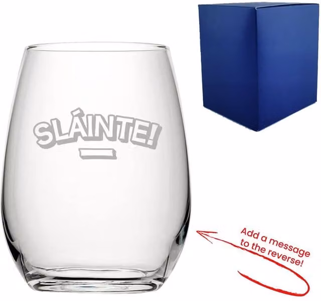 Uniqueful Personalised Slainte Design Stemless Wine Glass in Clear Glass