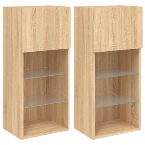 vidaXL Set of 2 Modern Wall Mounted TV Cabinets with Integrated LED Lights and Internal Shelves, Sonoma Oak Brown, W/D/H: 40.5 x 30 x 90 cm